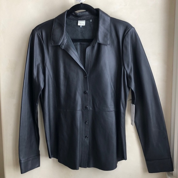 Ecru Black Leather Button Down Shirt